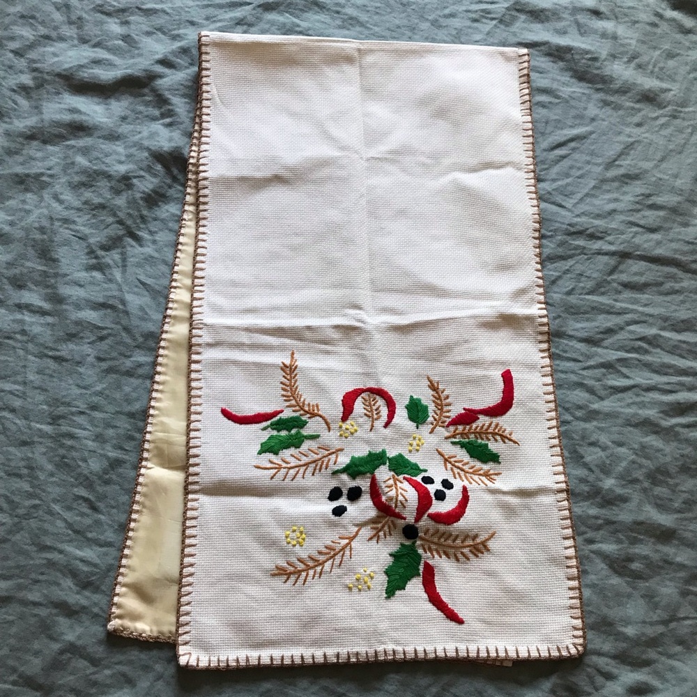 Artisan handmade Floral embroidered crochet edge table runner 52 x15 in